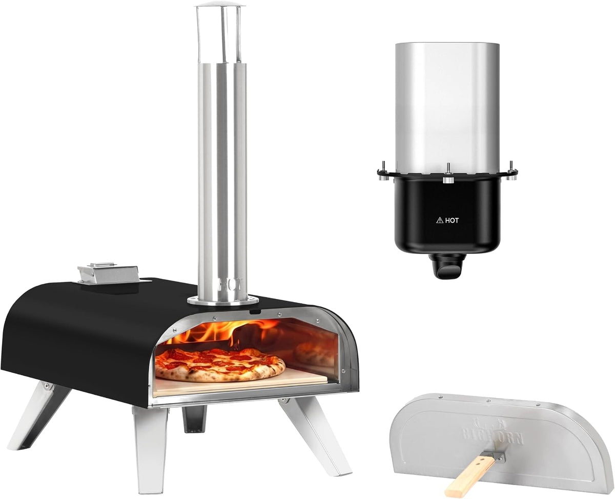 BIG HORN Pizzaoven Bighorn draagbare, zwart, granulaat en gas, pizzasteen en hoes inbegrepen.