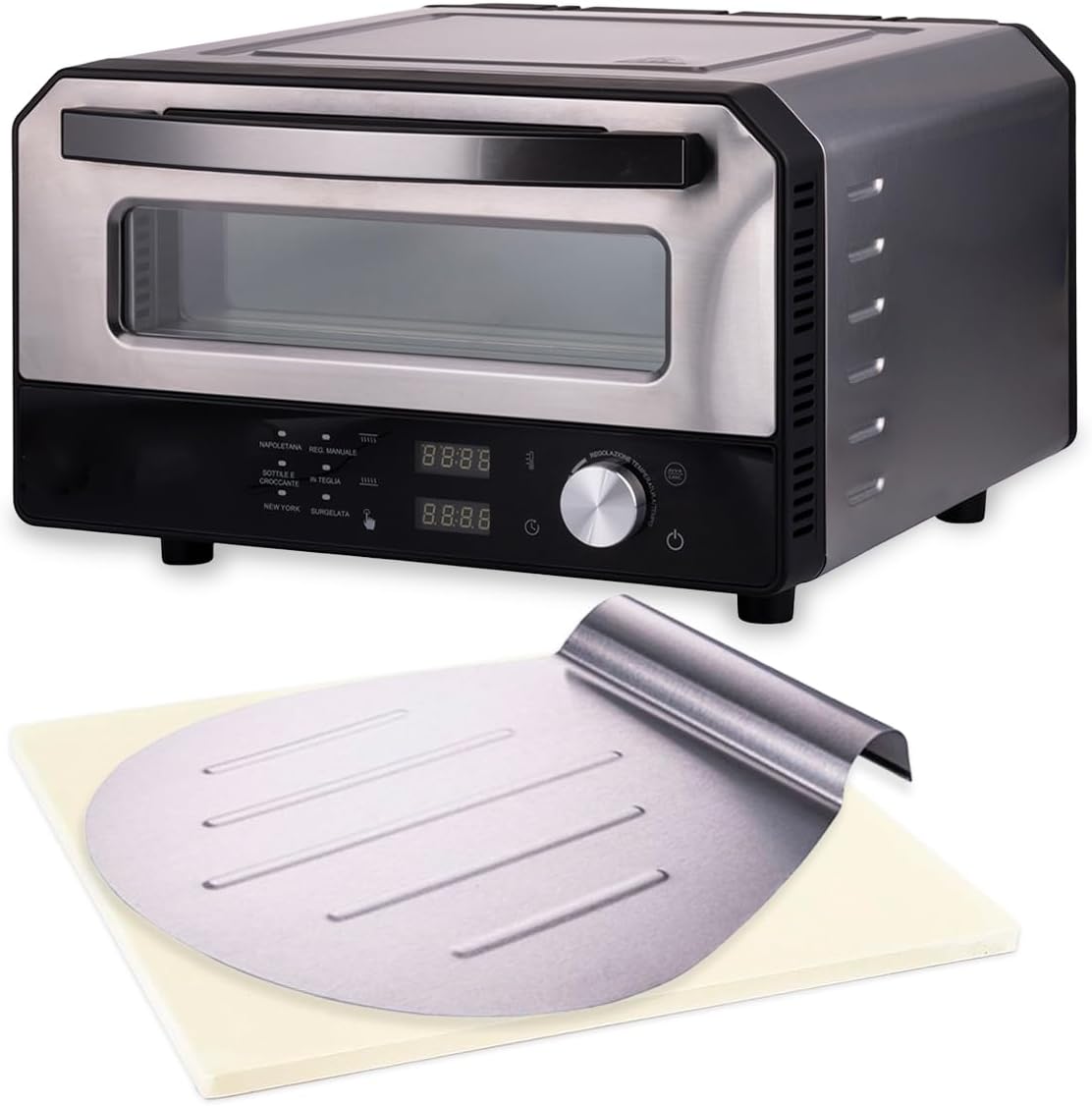 Wintem Pizzaoven Elektrische, 2200 W, 37 x 37 cm, de elektrische pizzaoven bereikt 450 °C in 2 minuten, grijs, met schep, elektrische oven