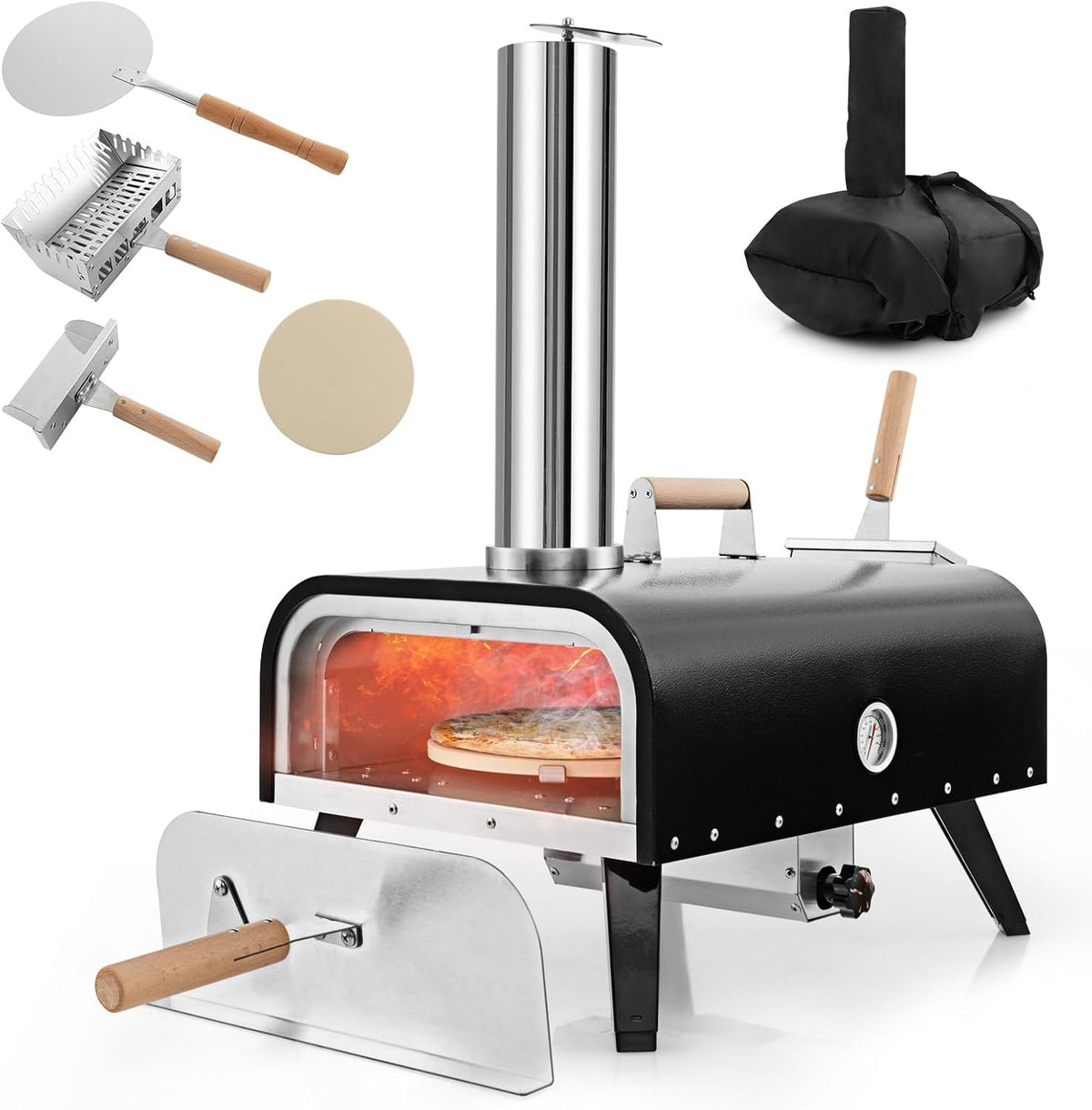 Pizzaoven Costway Outdoor, draagbare pizzaoven van roestvrij staal, met pizzasteen, pizzaschep, thermometer, inklapbare poten en draagtas, feest