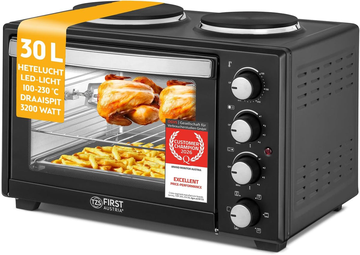 TZS First Austria Pizzaoven, met kookplaten 30L 3200 W, met kookplaten tot 230°C & 6 verwarmingsmodi, met 4 inschuifhoogtes & hoogwaardig toebehoren
