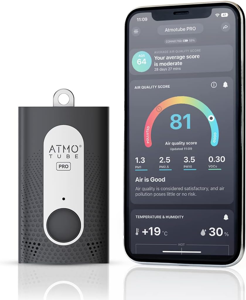 Atmotube Luchtstroom PRO draagbare luchtkwaliteitsmonitor, voor gebruik buiten- en binnen [PM, VOC, formaldehyde, temperatuur