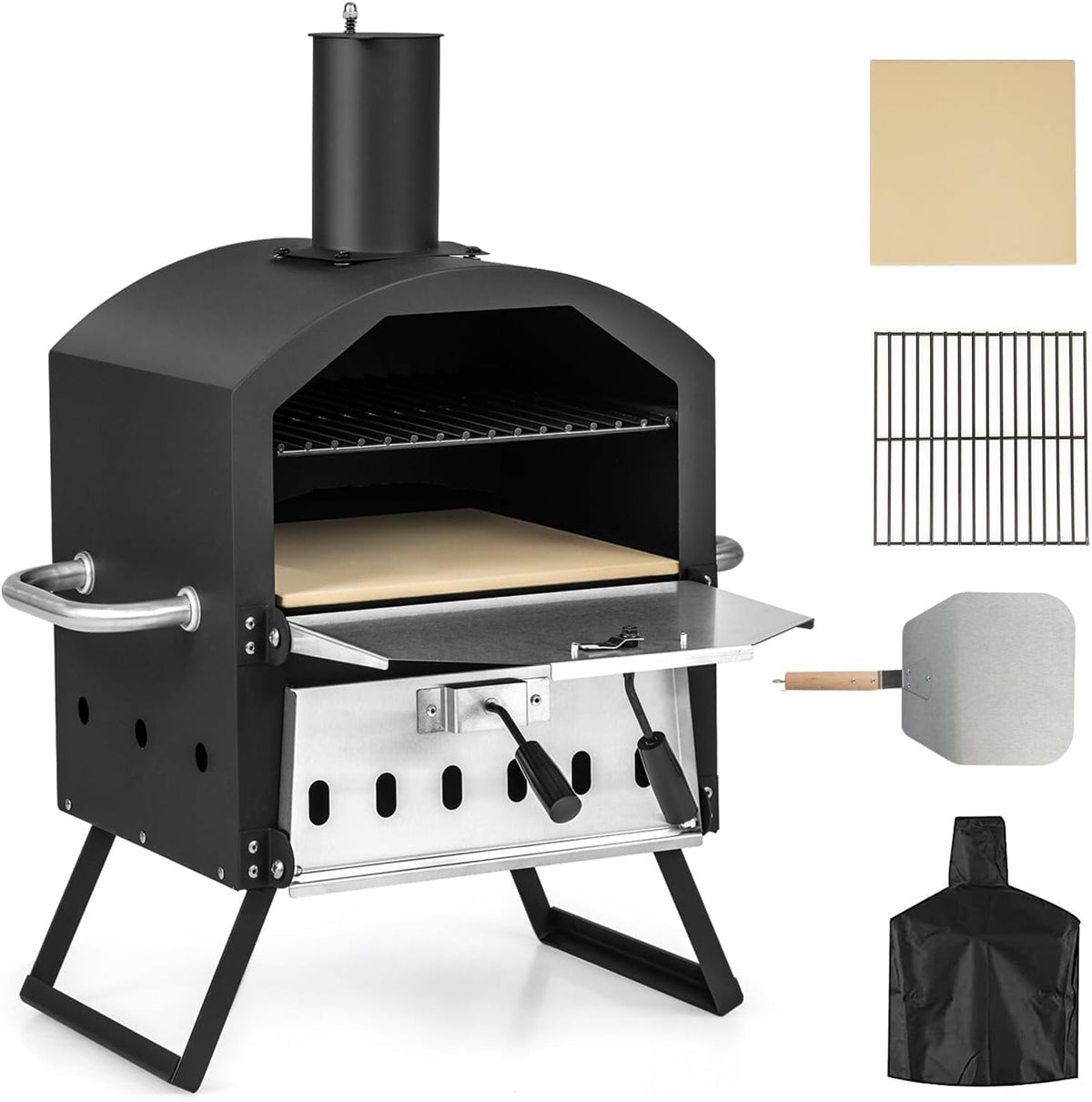 Elektrische kachel Komfotteu Pizza Oven Outdoor, Pizzaoven 600°C, Pizza oven 2 standen, Draagbare houtkachel van roestvrij staal, voor tuin, Mini oven