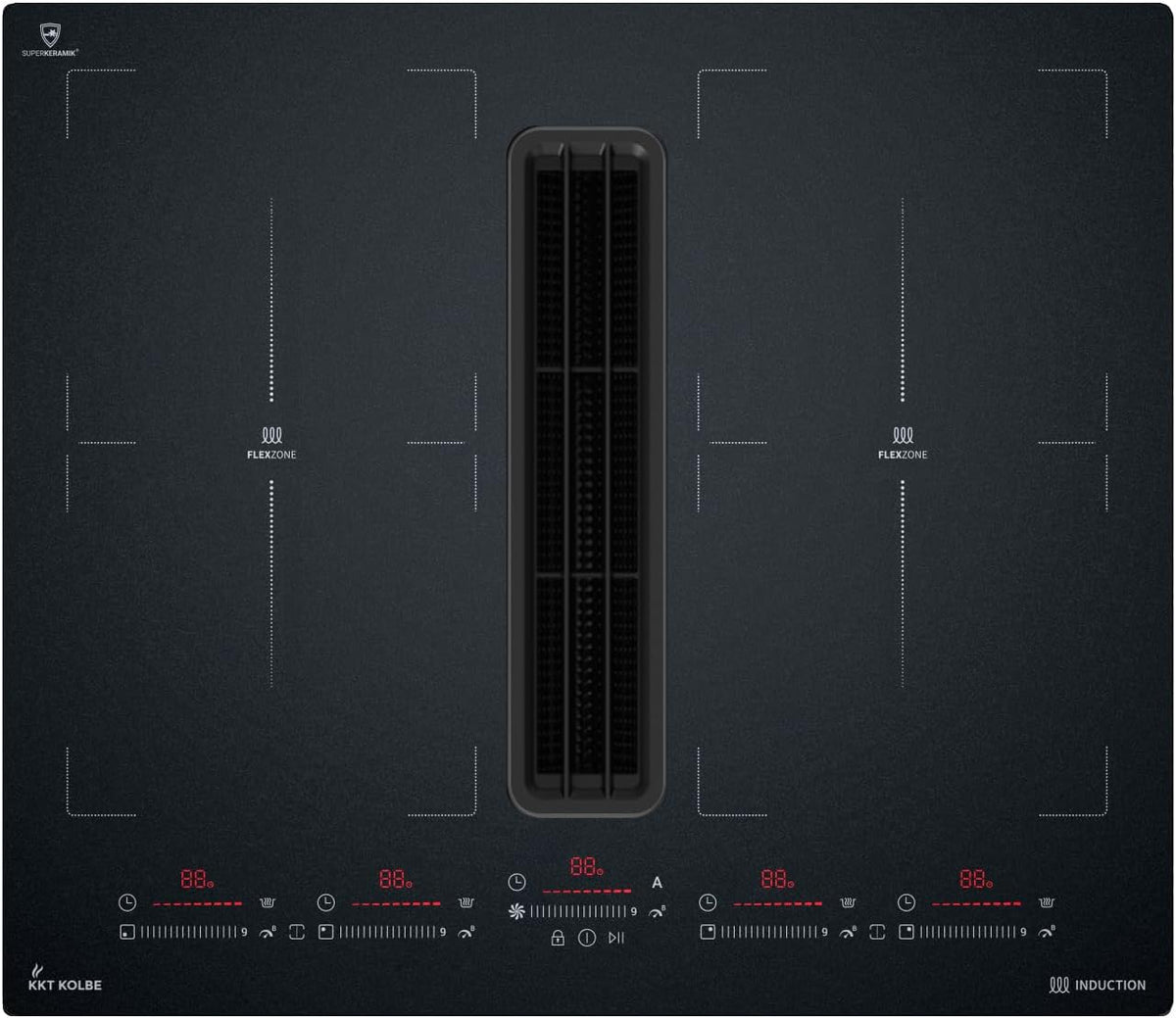 KKT Kolbe Kookplaat IND600DRAFT Inductiekookplaat, 60 cm, 7,4 kW, 638 cbm/h, 4 zones, 9 niveaus, met geïntegreerde afzuigkap, frameloos