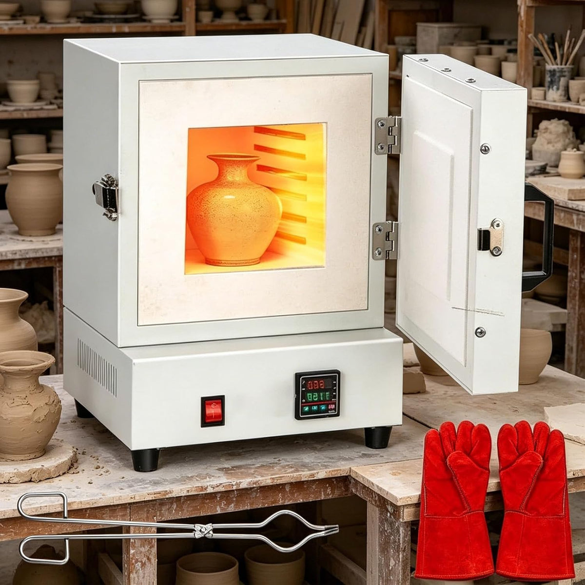 Mini-oven, 2000W elektrische keramische en glazen oven, 4-zijdige verwarming, 1150 °C temperatuur, voor aardewerk, compact ontwerp