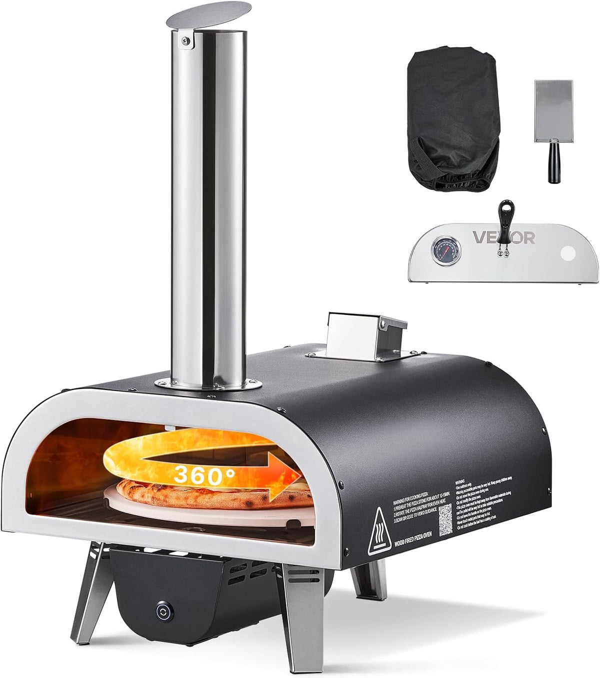 Pizzaoven Vevor Houtgestookte buiten, 30 cm automatisch roterende pizzaovens, draagbare pelletpizzamachine, pizzasteen, draagtas en schep