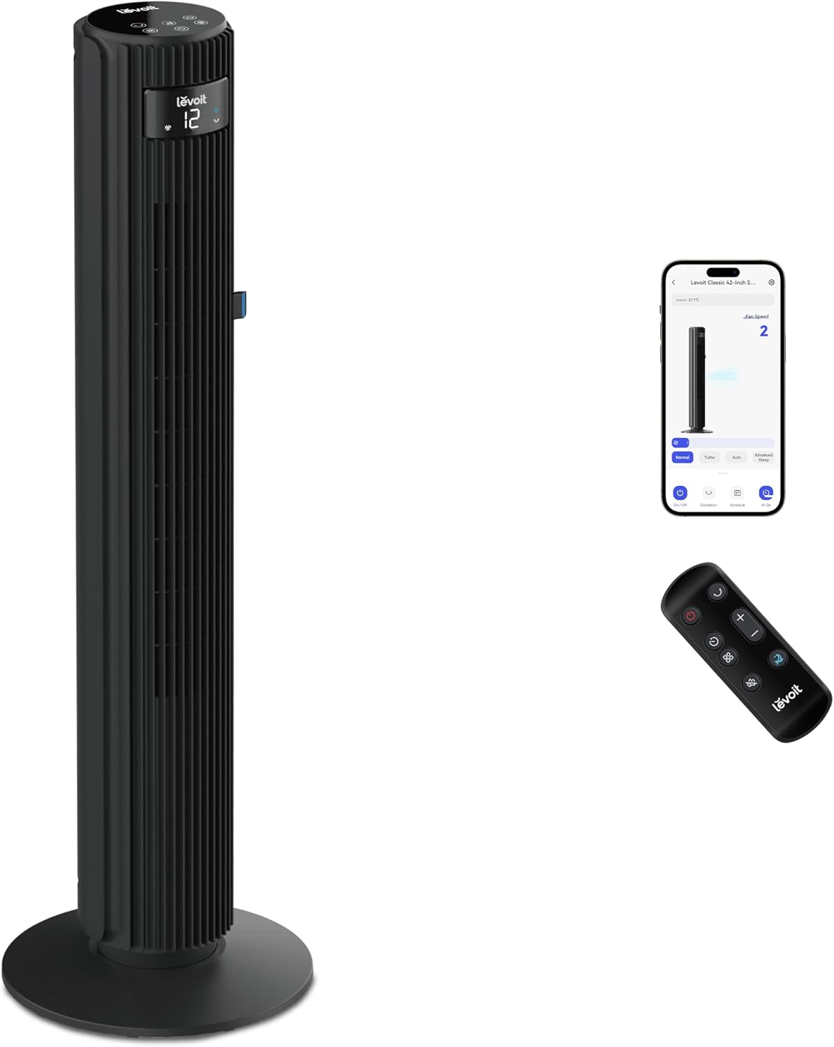 Ventilator Levoit, 12 uur timer, 4 modi, 12 standen, 7,9 m/s, Smart App torenventilator, afstandsbediening en koeling, zwart, stille ventilator
