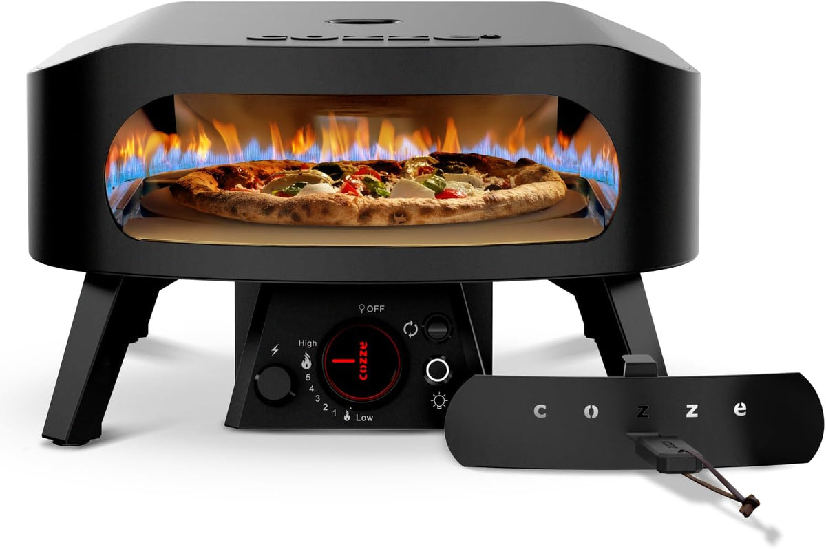 cozze Pizzaoven ® 13' Rotate Gas zwart Edition, Roterende cordieriet pizzasteen Ø34,5 cm, 6 kW, 30 mbar, deur inbegrepen
