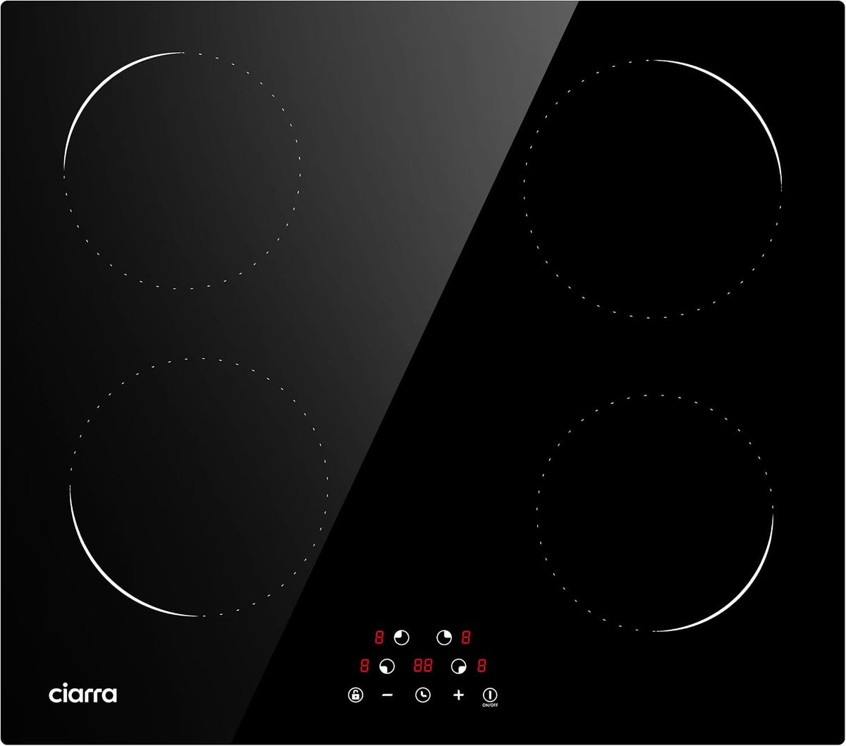 Ciarra Kookplaat CABBIH4, 4 zones aanraakbediening, 9 vermogensniveaus, zwart, C Ingebouwde inductiekookplaat, keramische glazen plaat, kinderslot