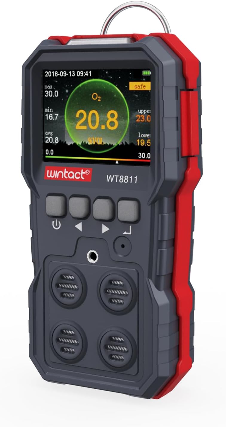 Wintact Gasdetector 4-in-1 gaslekdetector, riool (WT8811), monitor multi-gasalarm snuift brandbaar, natuurlijk, methaan, propaan, koolmonoxide, camper