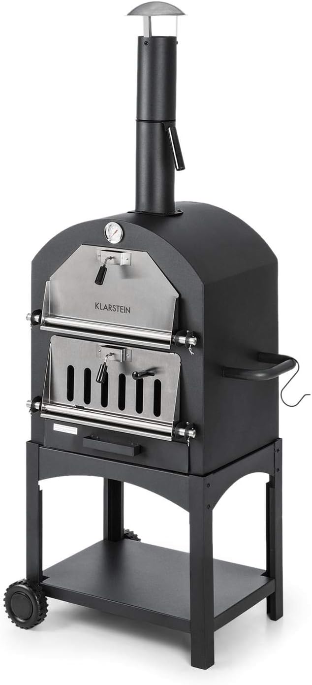 Klarstein Pizzaoven Pizzaiolo Pizza Oven - 30,5 x 30,5 cm, 1,2 mm, 2-delige grill, zwart, echt steen, staal, mobiel, knapperig, lekkere, vloerrollen