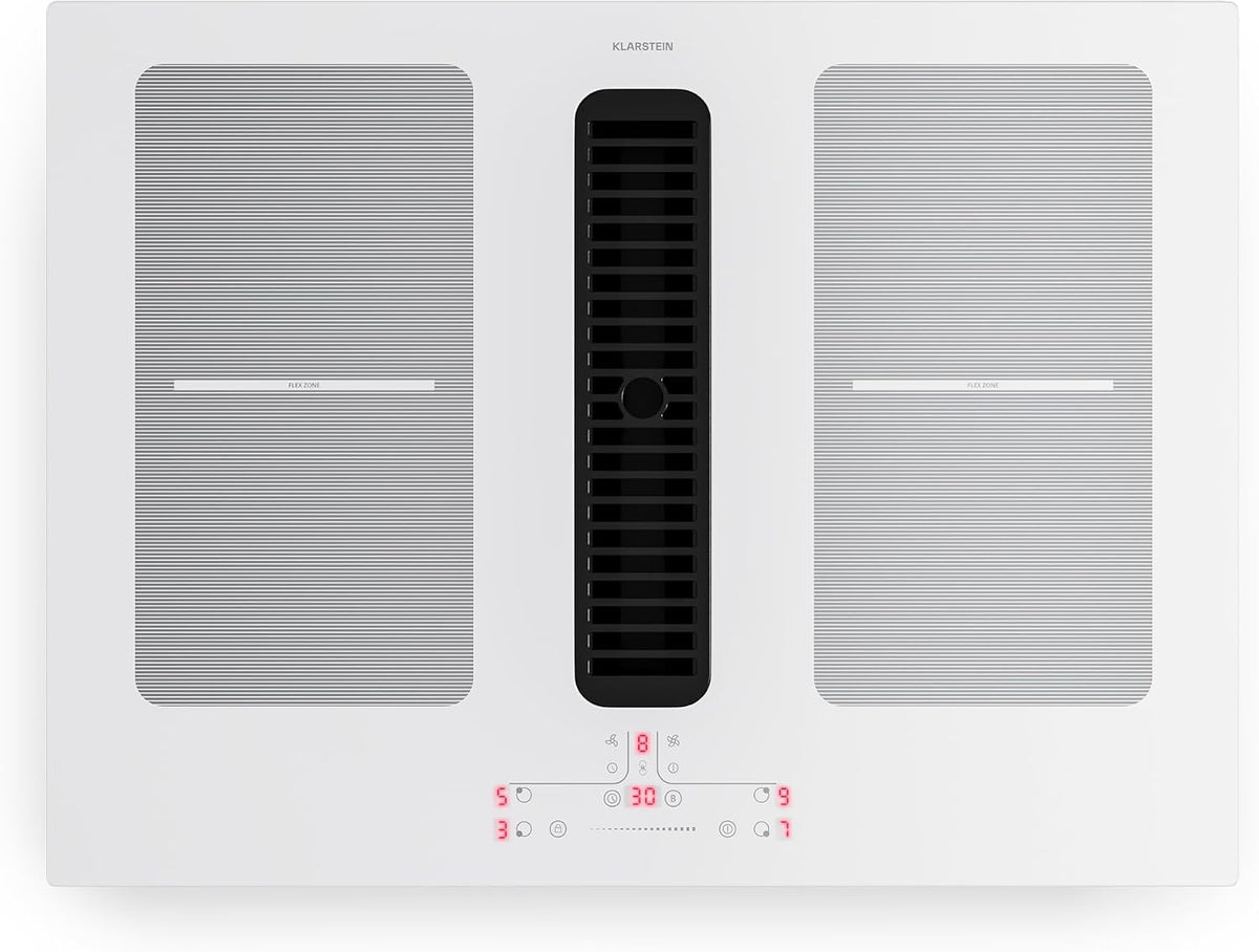 Klarstein Kookplaat Inductiekookplaat Full House, met afzuiging - 70 cm, 7335 W boost, 4 zones, geïntegreerde downdraft afzuiging 530m3/h, timer