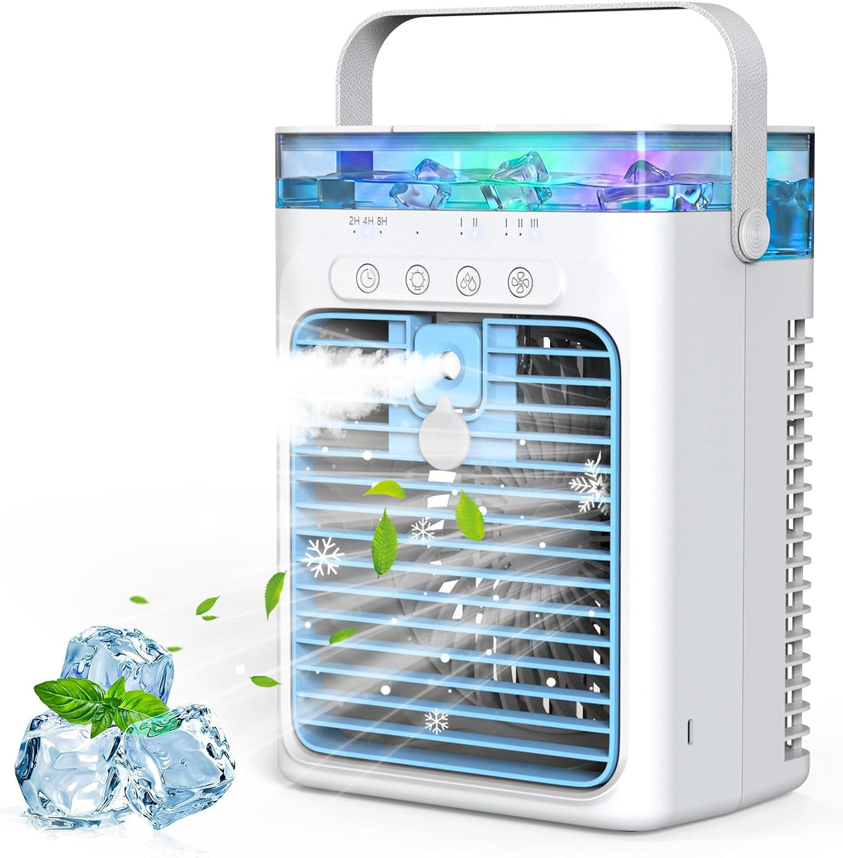 Tiptop Home Mobiele airco Draagbare airconditioning, timer 2/4/8 uur, tank 1000 ml, 4-in-1, 3 snelheden, 2 nevelmodi, zonder slang, stille ventilator