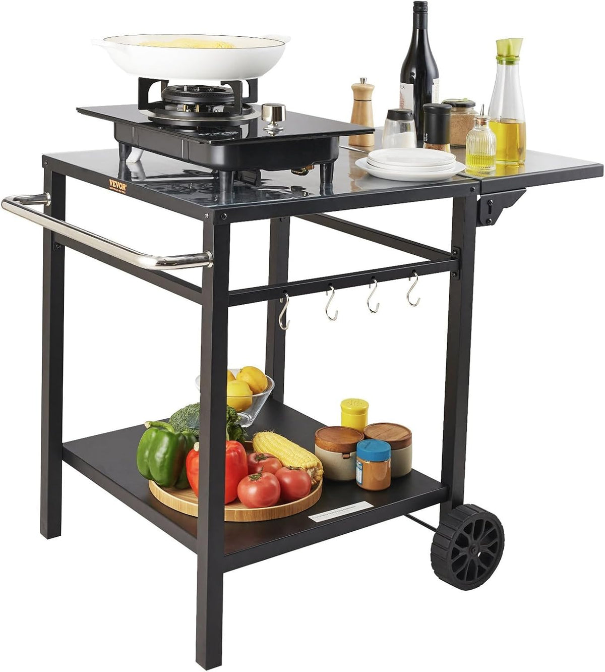 Bijzettafels QVK Outdoor Keuken Bereiding Tafel Pizza Oven Stand, met 2 Wielen en Dubbele Planken, Multifunctioneel Opvouwbaar Ijzer Tafelblad