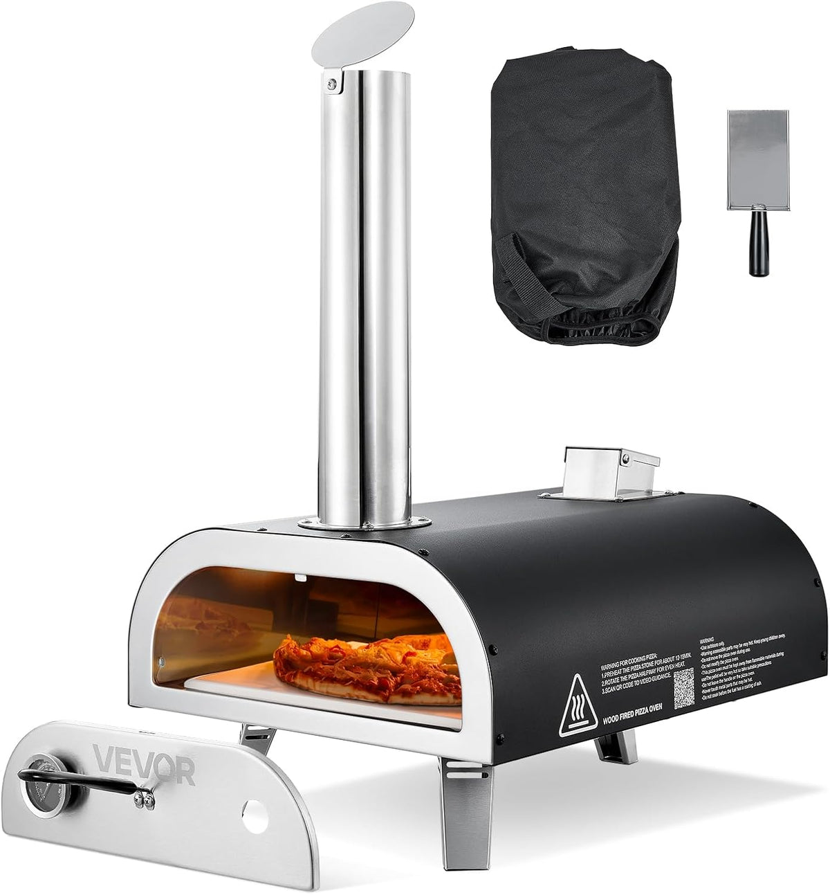 Vevor Pizzaoven, 30 cm houtgestookte pizzaovens, zwart, voor buiten, pelletpizza-fornuis, met thermometer, draagbare pizzamaker, achtertuin, terras
